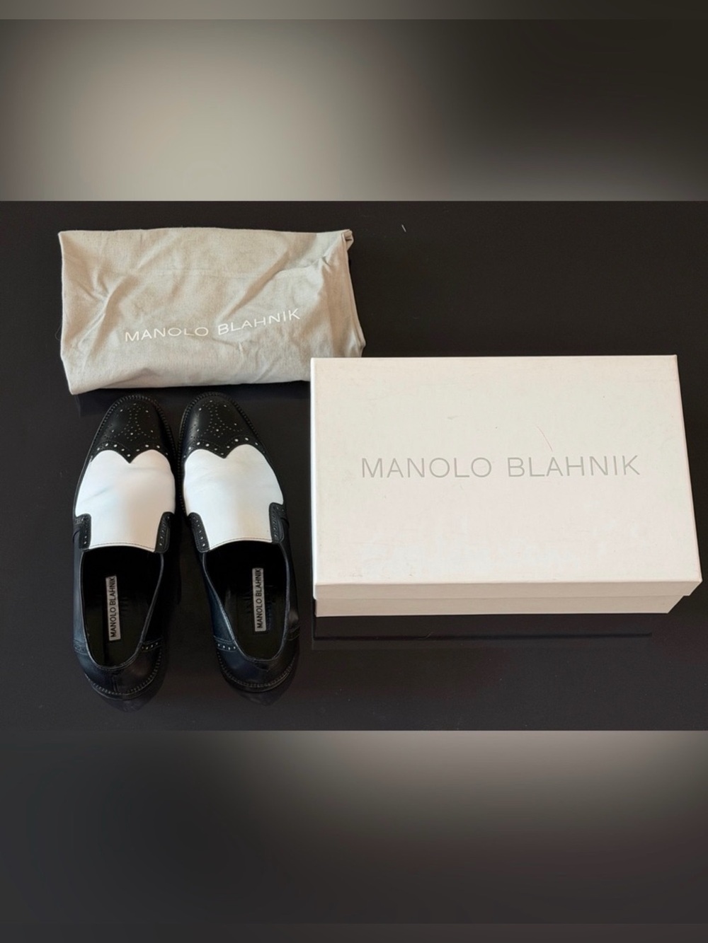 Manolo Blahnik black and white leather spectator loafers, full inclusion EUC